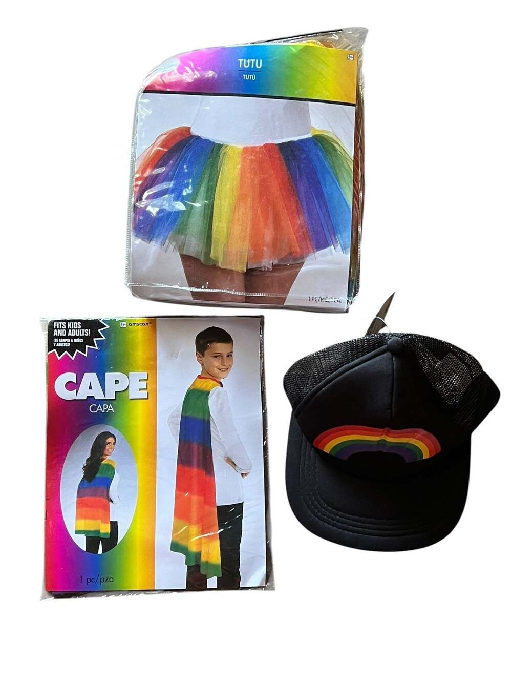 Amscan Rainbow Pride Costume Set Including Cape, Tutu, and Rainbow Patch Trucker